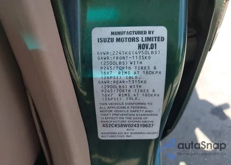 2002 Isuzu Rodeo Ls 3.2L V6/Lse 3.2L V6/S 3.2L V6 from USA, damaged, VIN 4S2CK58W024319637